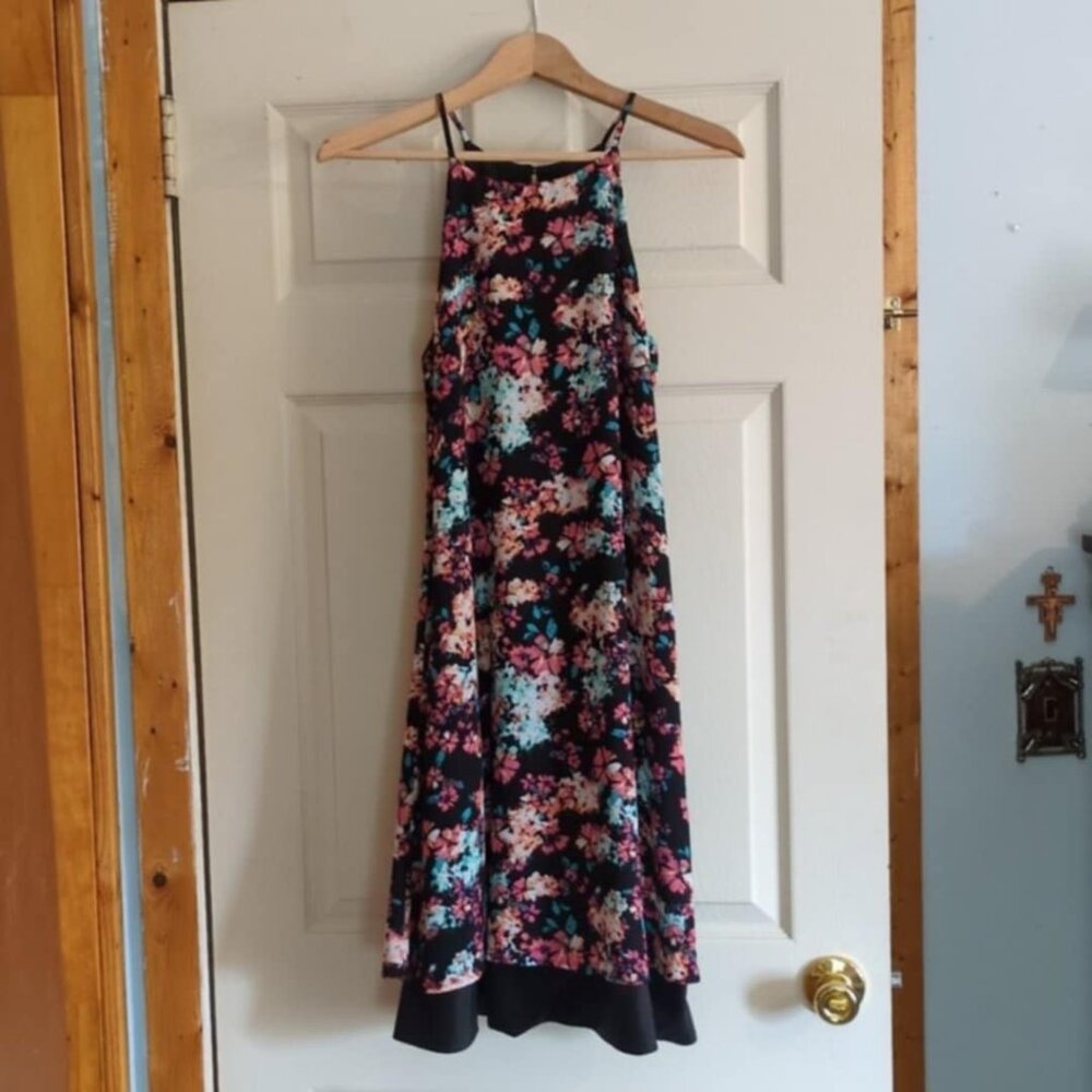 Decree Black Floral Sz Medium High Neck Halter Dress Black Satin Hem Dark Fairy